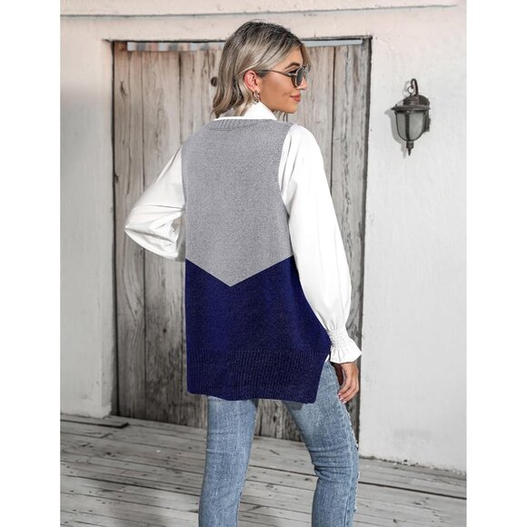 Women Block Navy Sweater Vest Sleeveless V Neck Oversized Knitted Pullover Fall - Picture 5 of 5